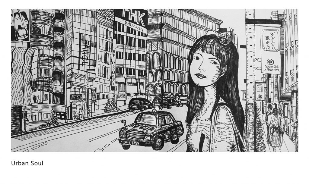 A drawing of a girl next to a city street