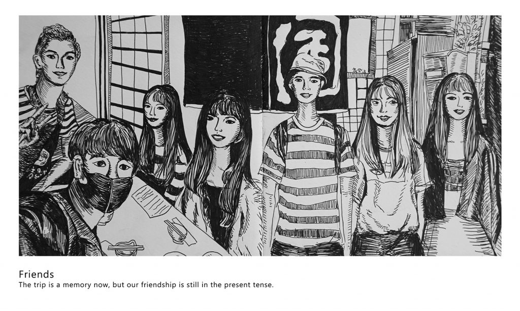 A drawing of several college-age people