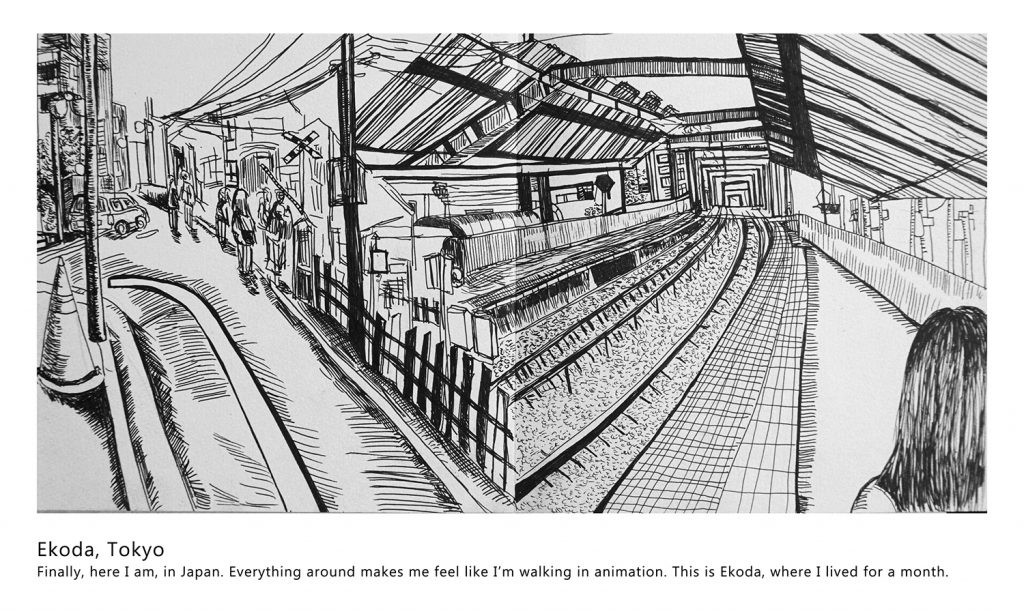 A drawing of two train stations