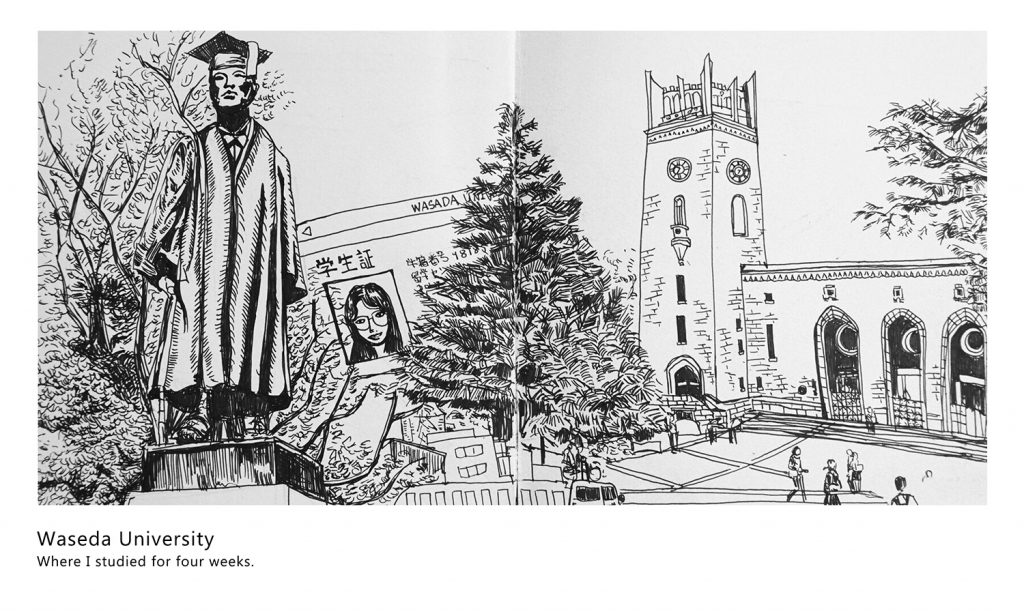 A drawing of two people, a tree, and a church