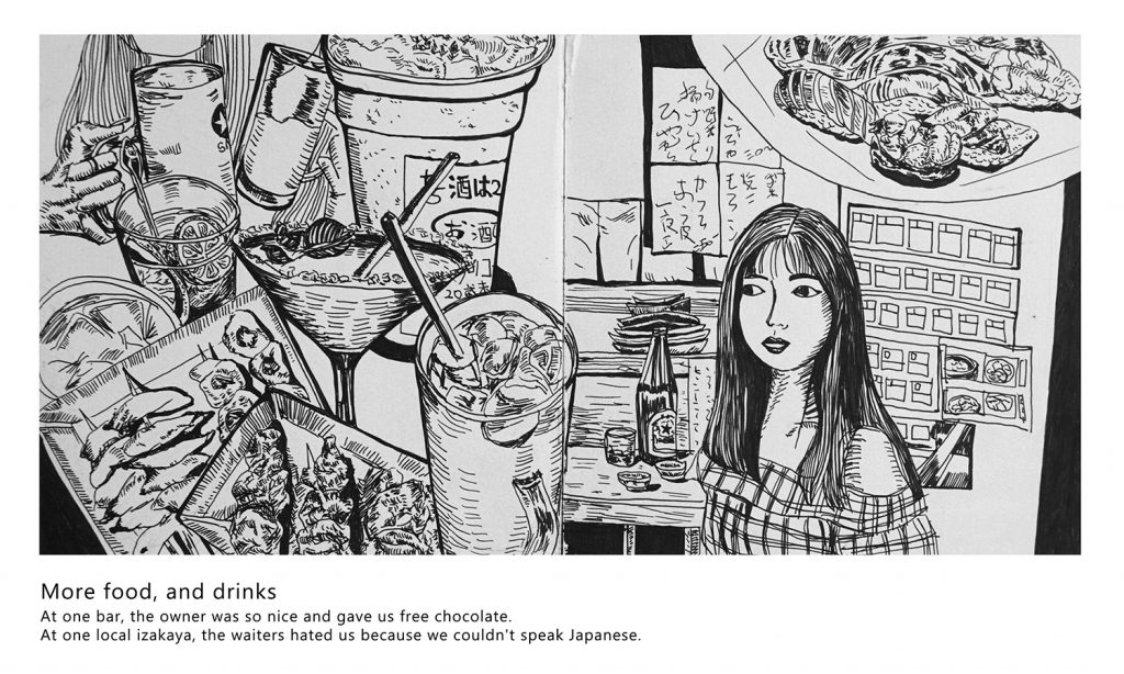 A drawing of a girl and alcoholic drinks