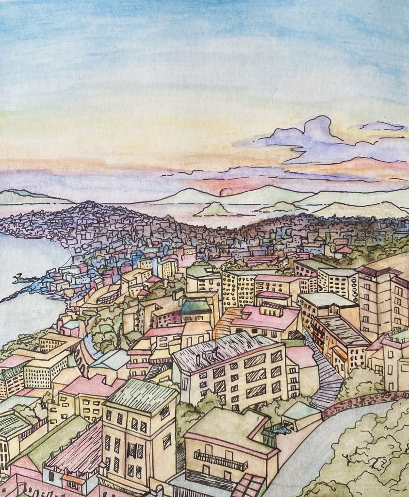 color and ink illustration of sunset in Naples, Italy