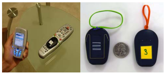 Left: FETCH tag attached to a TV remote; Right: FETCH tag with raised lines indicating the ID number