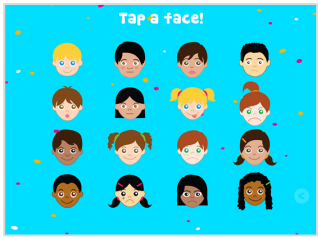 Main menu of Incloodle where kids can tap a face to get a photo prompt