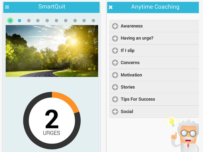 Screen shots of SmartQuit showing urges passed button and Anytime Coaching