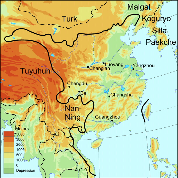 A map of Sui dynasty China, showing the surrounding kingdoms and peoples.