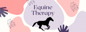 Pink and purple spotted background with the words "Equine Therapy" in the center of the banner and the silhouette of a horse running