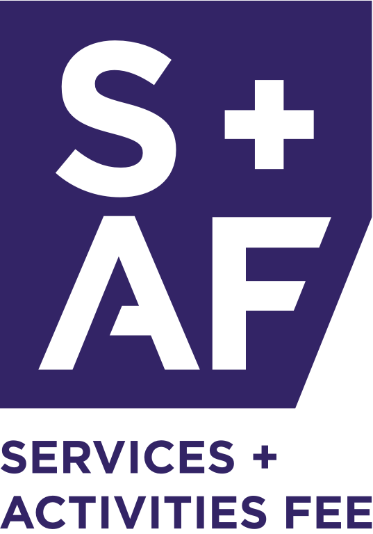 Purple square S+AF logo with text "Services + Activities Fee"