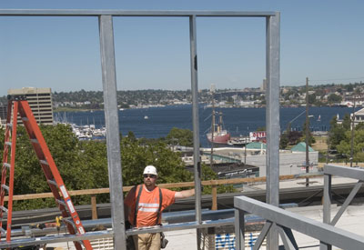 Lake Union forms the backdrop for the renovation of the UW Medicine at 815 Mercer building.