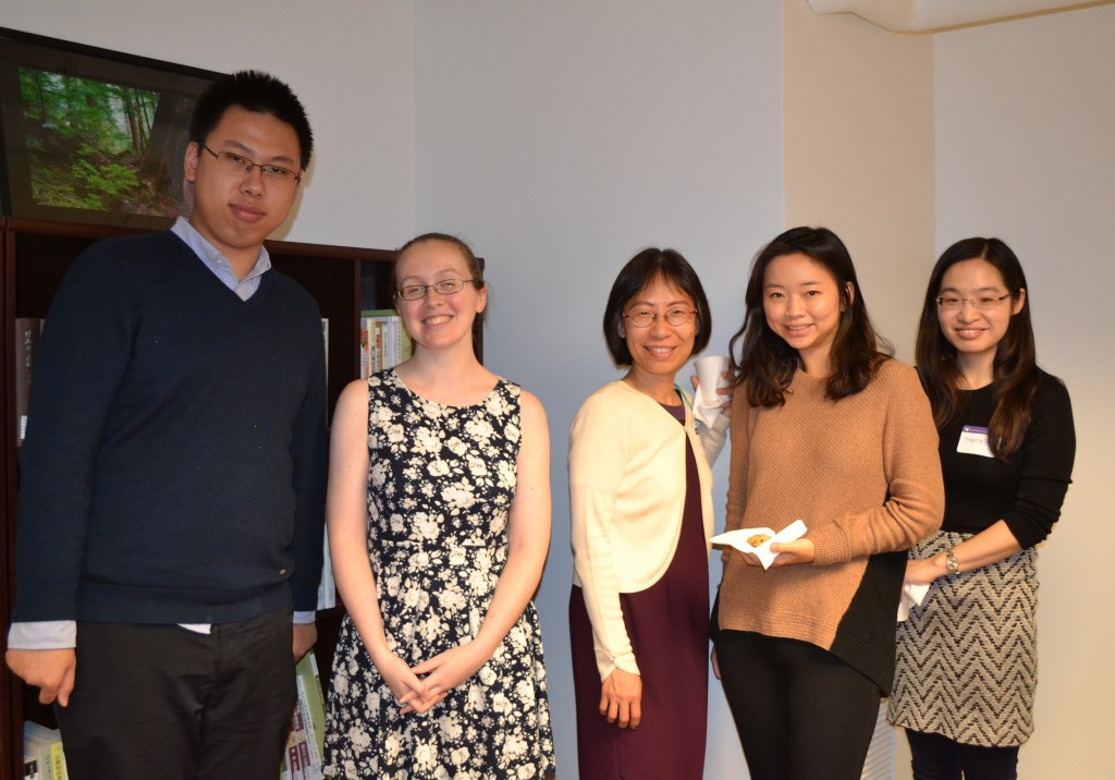Pictured from left to right:  Yufeng (Peter) Chu, project student worker; Emily Jantz, project cataloging specialist and administrative coordinator; Charlene Chou, project technical manager; Min-Yu (Erica) Ho, project student worker; Yingying Sun, PhD student in Asian L&L Department.