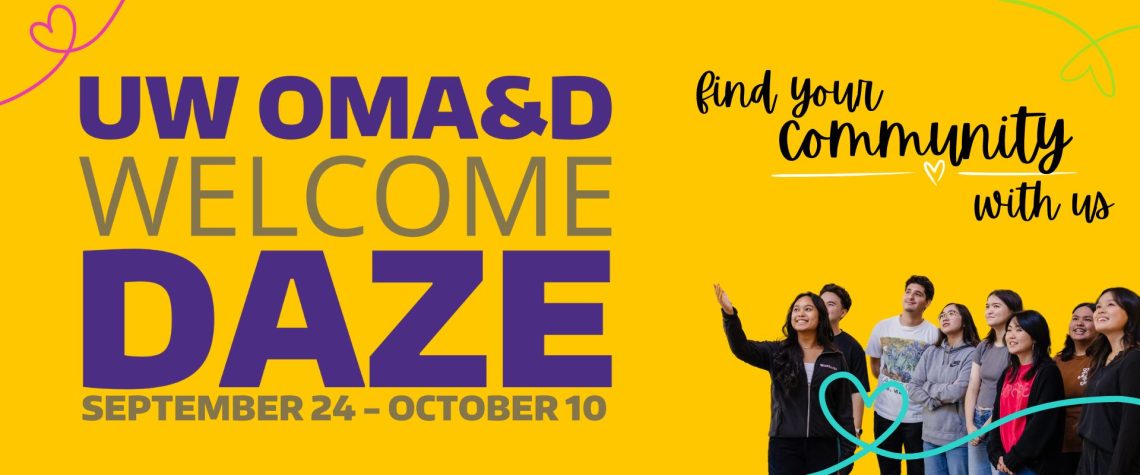 OMA&D Welcome Daze Banner featuring students over a yellow background