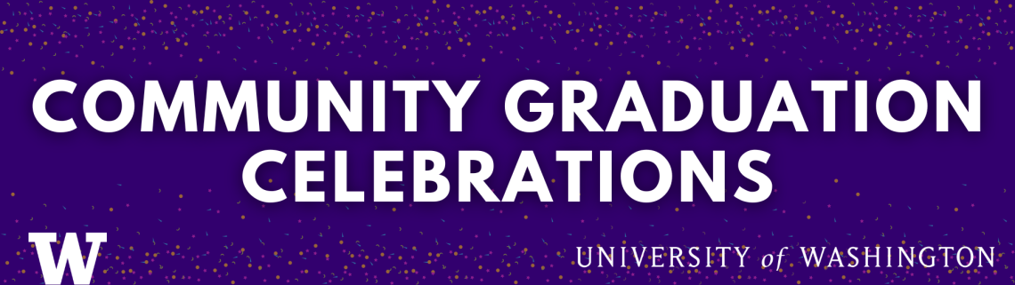 Graphic banner for the Community Graduation Celebrations featuring a purple background and confetti.