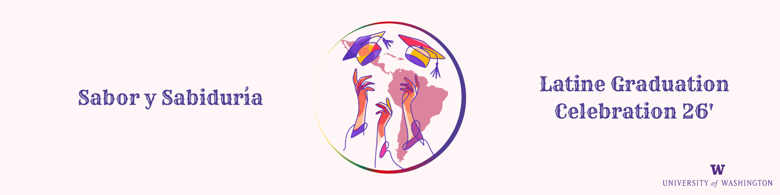 Banner image of hands throwing graduation caps in the air with the words "Sabor y Sabiduria" and "Latine Graduation Celebration 26'"