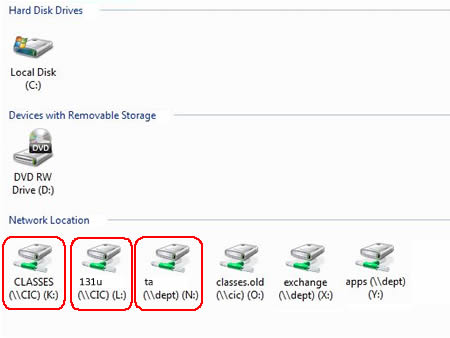 Screen shot of network drives visible to CIC faculty