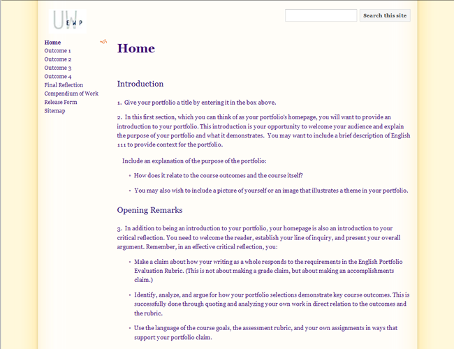 Screenshot of Google Sites portfolio template for English 111 course