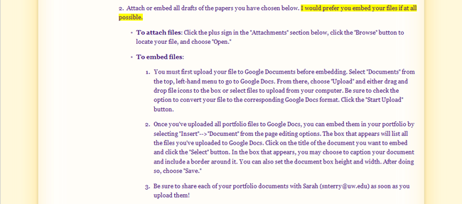 Screenshot of instructions for embedding documents in Google Sites
