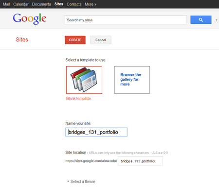 Screenshot of Google Sites creation page