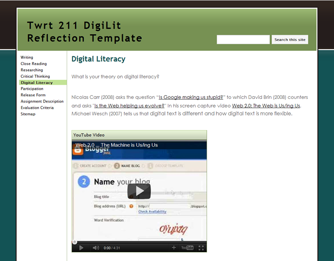 Screenshot of Google Sites portfolio template for digital literacy course