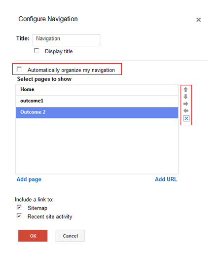 Screenshot of Google Sites edit sidebar options menu