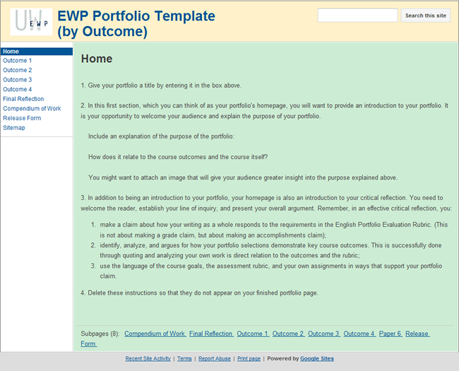 Screenshot of Google Sites EWP Portfolio Template, By Outcome