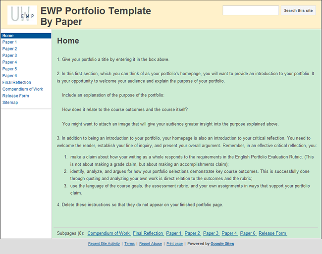Screenshot of Google Sites EWP Portfolio Template, By Paper