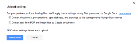 Screenshot of Google Docs upload settings