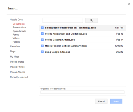 screenshot of Google Sites insert document selection screen