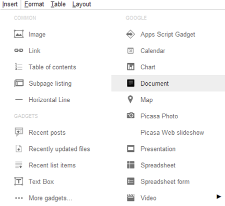 Screenshot of Google Sites insert menu