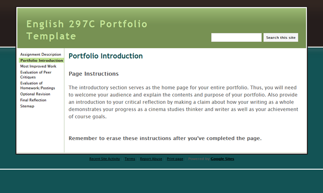 Screenshot of IWP course Google Sites e-portfolio template