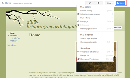 Screenshot of Google Sites share setting  icon and menu