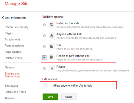 Screenshot of Google Sites permissions options