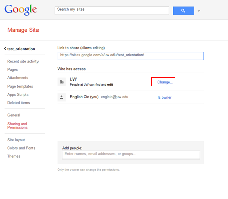 Screenshot of Google Sites sharing and permissions page