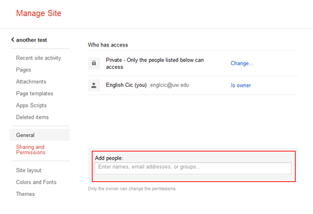 Screenshot of Google Sites sharing permissions page