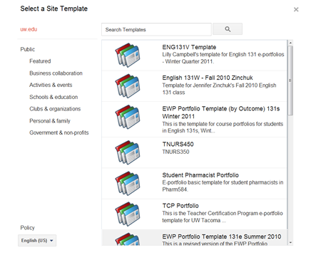 Screenshot of Google Sites template gallery