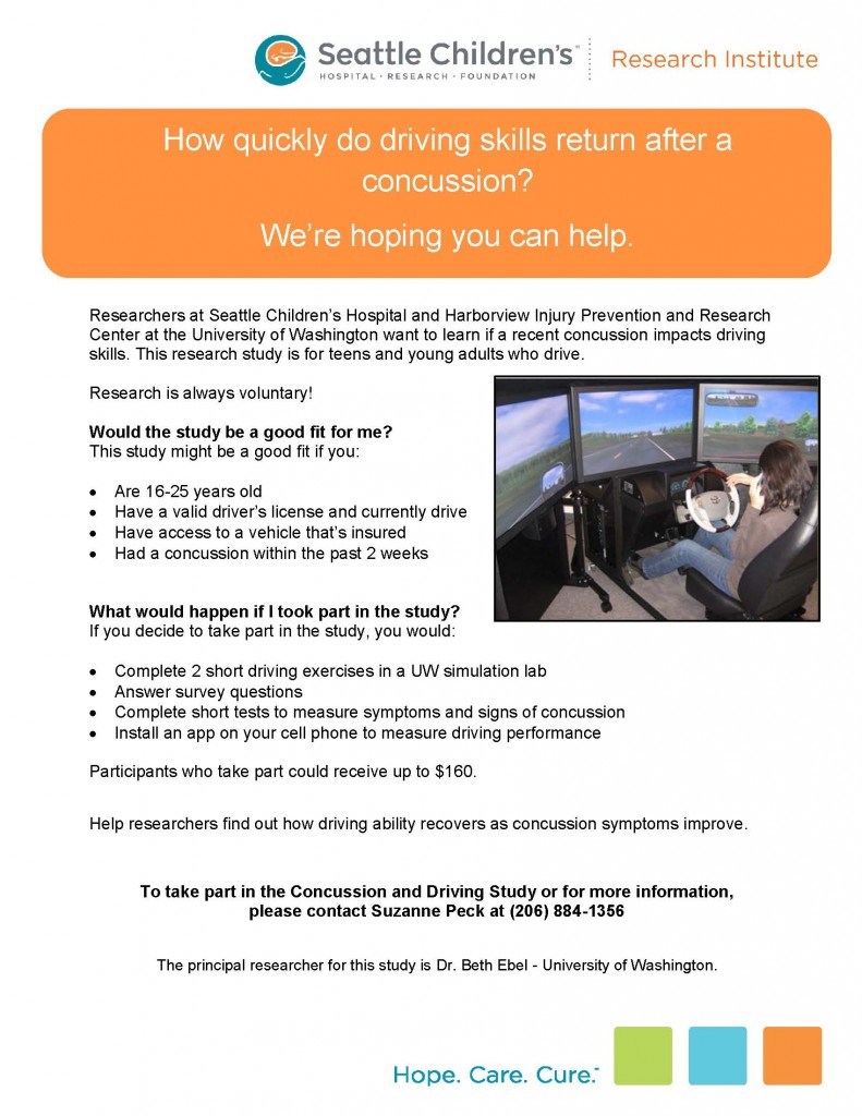 How quickly do driving skills return after a concussion? We’re hoping you can help” is prominently displayed in an orange banner above a poster. The poster asks individuals ages 16-25 with a valid driver’s license who have had a concussion within the last two weeks if they are interested in participating in a research study.  