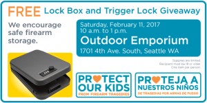 Free Lock Box and Trigger Lock Giveaway. Saturday, February 11, 2017, 10 a.m. to 1 p.m. at Outdoor Emporium.