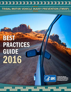 The reflection of a desert landscape on the windows of a car and contains the text “Tribal Motor Vehicle Injury Prevention Best Practices Guide 2016.”