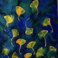 detail from Linda Ann Vorobik silk painting of ginkgo leaves