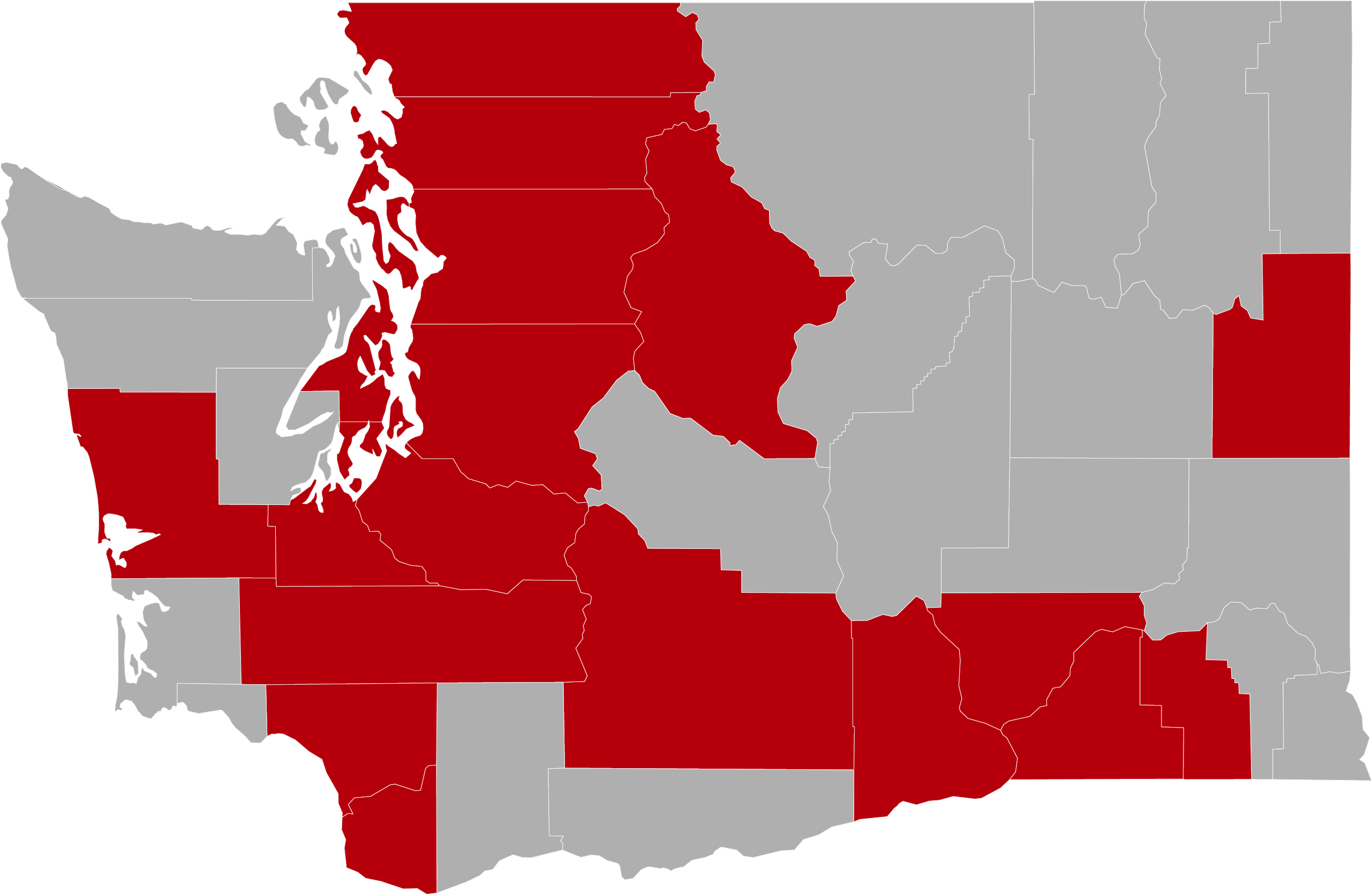 Washington state map with 18 counties colored in red to represent EnhanceFitness.