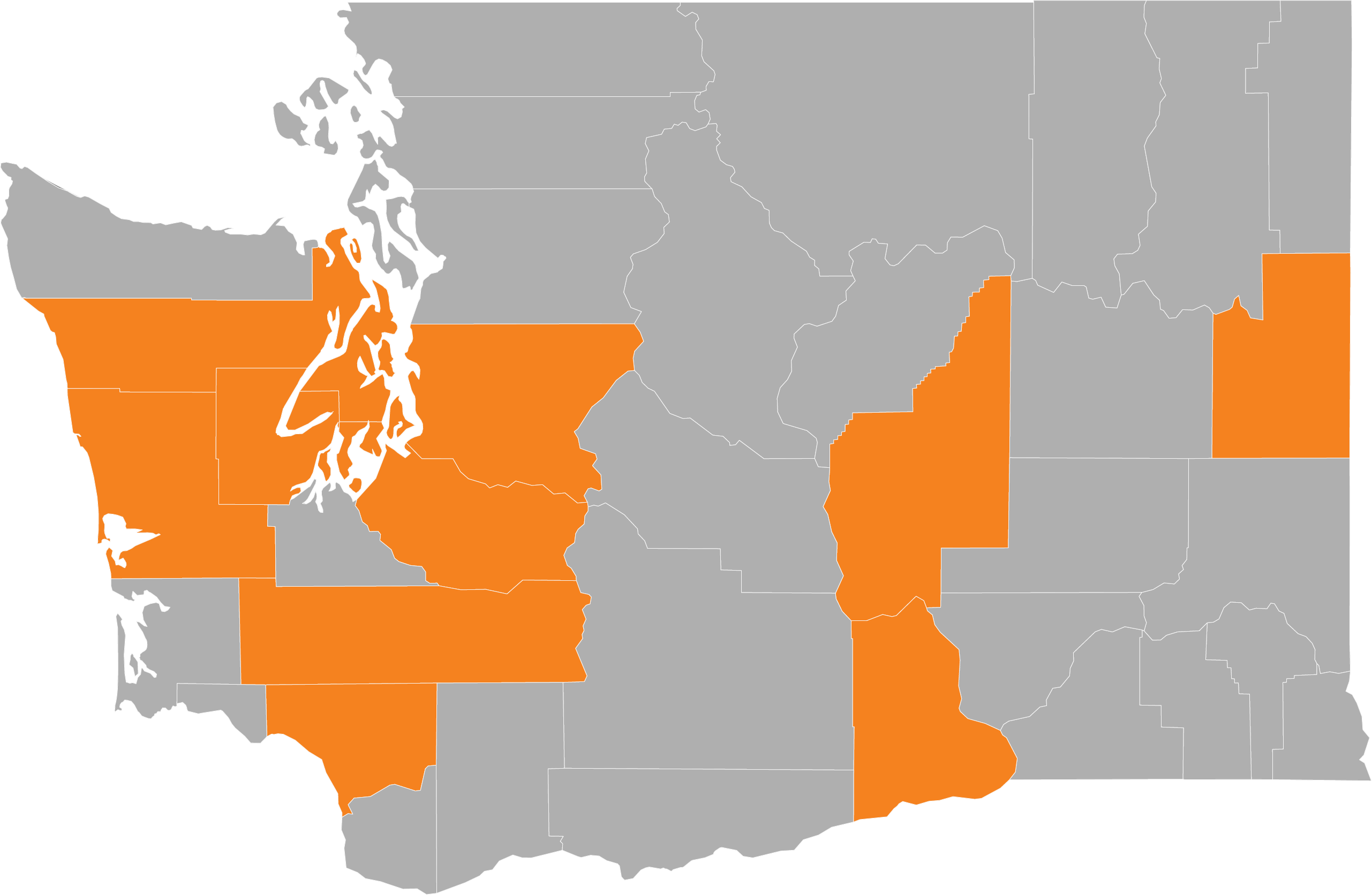 Washington state map with 11 counties colored in orange to represent Connect to Wellness.