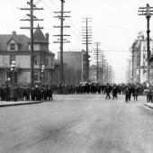 Crowds gather at the intersection of 7th and Union on February 6, 1919, the first morning of the strike.