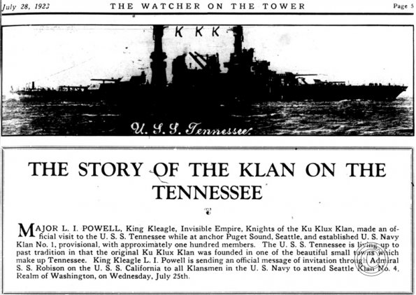 Formation of a KKK chapter on board the USS Tennessee, summer 1923