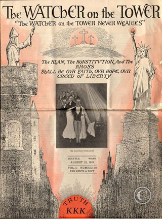 Front cover of "The Watcher on the Tower," a monthly publication from Washington State's KKK, c. 1923