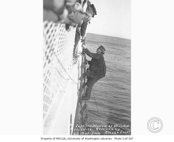 Captain McMullen of the steamer Edith boarding the Mariposa after rescue off LaTouche Island, 1915 
