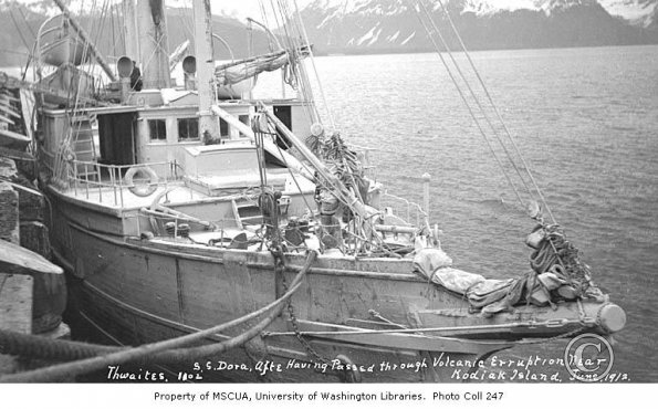 Mail steamer DORA after having passed through eruption of Katmai Volcano near Kodiak Island_ 1912