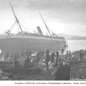 Passengers on shore beside wreck of steamer MARIPOSA_ Fitz Hugh Sound_ British Columbia_ October 8_ 1915