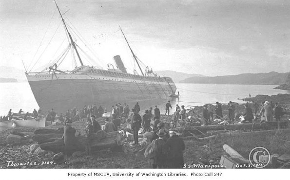 Passengers on shore beside wreck of steamer MARIPOSA_ Fitz Hugh Sound_ British Columbia_ October 8_ 1915