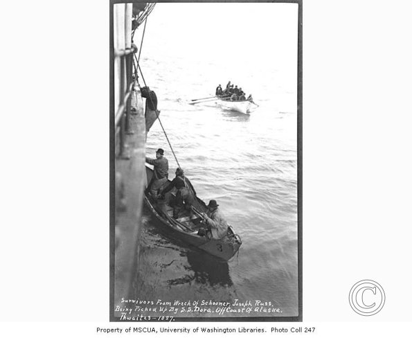 Survivors from wreck of schooner JOSEPH RUSS boarding steamer DORA_ off Chirikof Island_ April 1912 