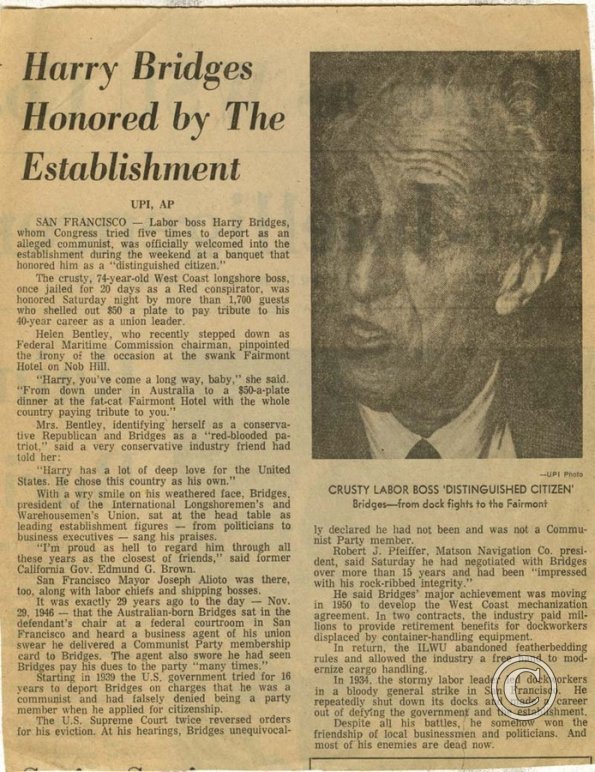 Harry Bridges Honored by The Establishment