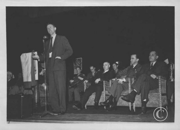  Shelby Dafron's son speaks to a longshore audience during World War II. His father was one of those killed during the 1934 stri 